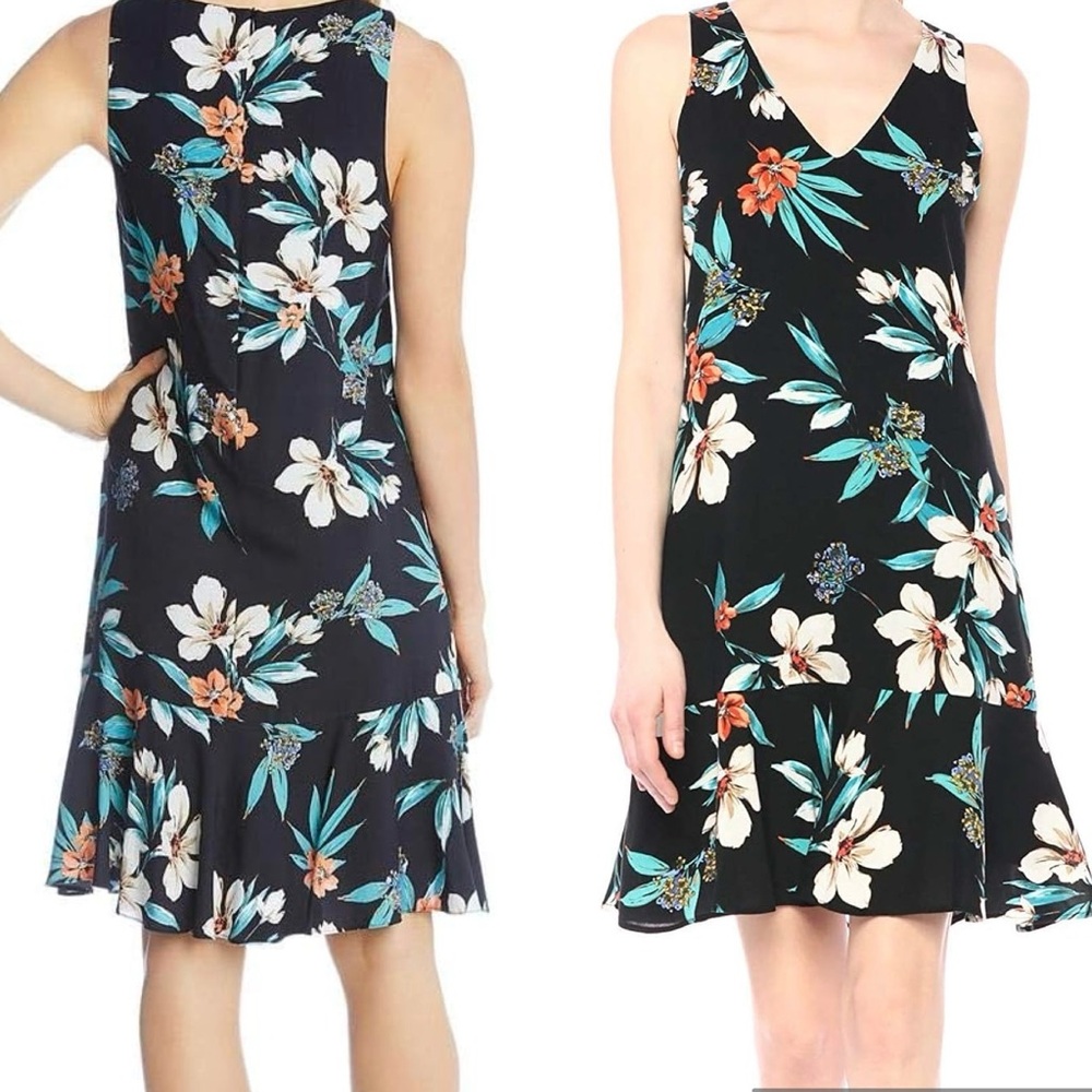Karen Kane | Size M Lined Island Floral Shift Midi Dress Ruffle Hem Vacation
